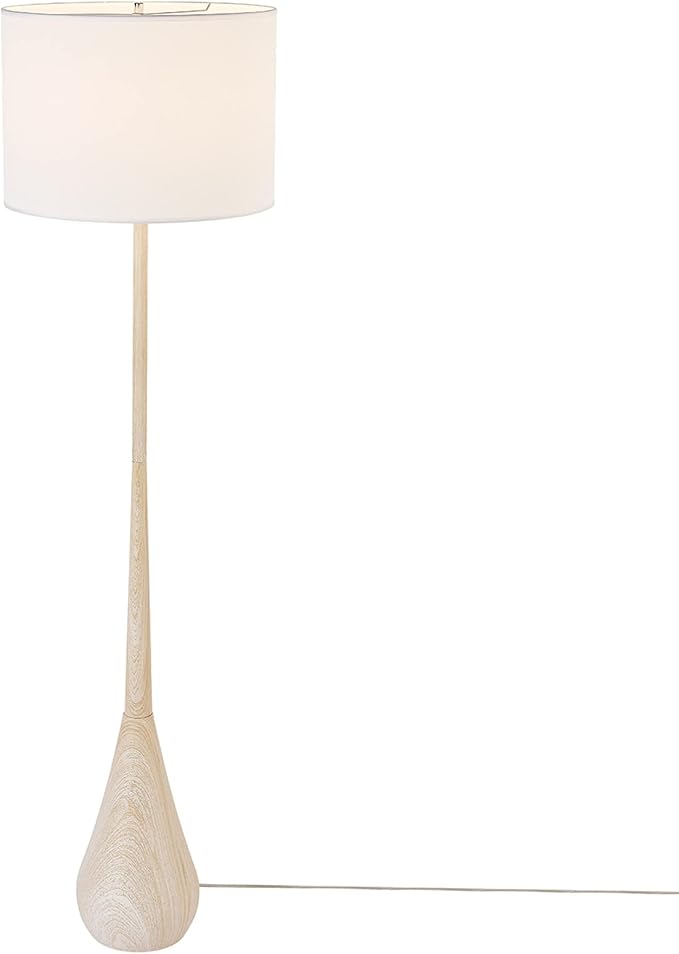 GLOBE Electric 52112 65" Floor Lamp, Faux Wood Finish, White Cotton Shade, Japandi Style, E26 Base, Modern Bedroom and Living Room Lighting