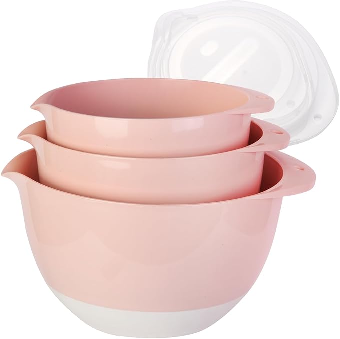 3 Mixing Bowls Set with Lids,Pour Spout and TPR Bottom, Plastic Nesting Bowl Use for Kitchen Cooking-Prep,Serving,Baking Bread Cake,Pancake,Waffle,Non-slip,Dishwasher Safe,3Qt,2Qt,1.5Qt,Pink