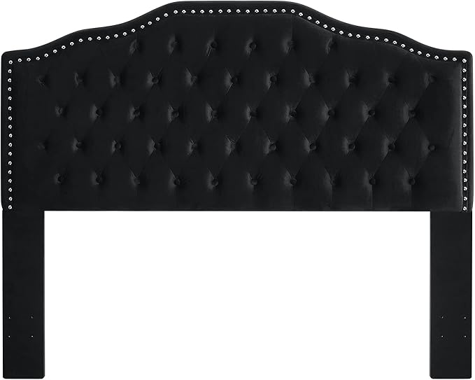 24KF Upholstered Button Tufted Queen Size Full Size Headboard with Nailhead Trim, Soft Velvet Fabric Headboard Queen/Full Size Headboad-Black