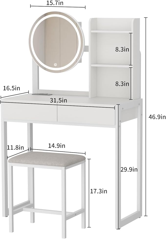 Small Vanity Desk with Mirror and Lights, Makeup Vanity Table with LED Mirror, 3 Lighting Modes, Power Outlet, Drawer, Open Shelves and Cushioned Stool for Bedroom (White)