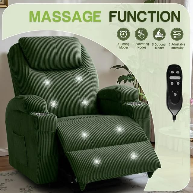 Electric Power Lift Recliner Chair with Massage for Elderly Corduroy Fabric Recliner Single Sofa with Cup Holders, Side Pockets and Remote Control for Living Room Bedroom (Green)