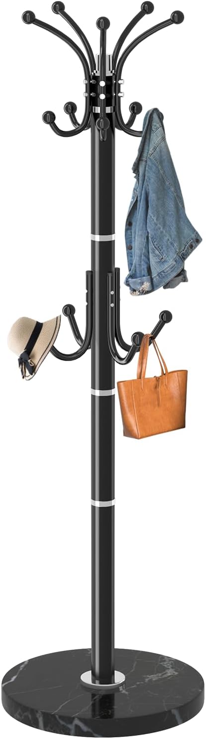 Metal Coat Rack Stand with Natural Marble Base, Modern Coat Rack Freestanding, 360°Rotary Coat Racks with 14 Hooks, Black Coat Stand Hall Tree Hanger Stand for Entryway, Office，Corner