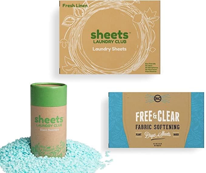 Sheets Laundry Club Bundle - 50 Pack (up to 100 loads) Fresh Linen Detergent Sheets, 40 Pack Free & Clear Dryer Sheets & 8 Oz. Sandbar Scent Booster - New Liquidless Technology