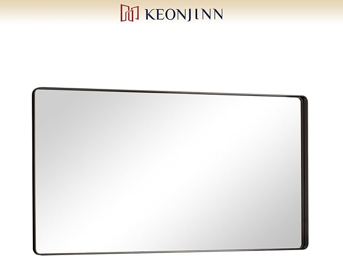 Keonjinn Black Bathroom Mirror for Vanity 55 x 30 Inch Large Metal Framed Wall Mirror Matte Black Rounded Rectangle Farmhouse Mirror, HD Tempered Glass, Modern Decorative Mirror(Horizontal/Vertical)