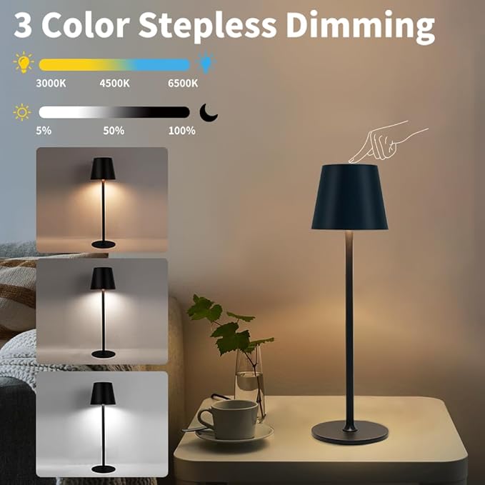 2 Pack Cordless Table Lamps, Rechargeable Portable 5000Mah Battery Operated Lamp, LED 3 Color Stepless Dimming Touch Bedside Lamp, Desk Light For Restaurant, Patio, Bedroom, Outdoor, kitchen-Black