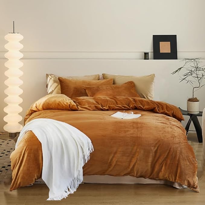 Luxlovery Pumpkin Velvet Comforter Set Twin Rust Flannel Plush Fluffy Bedding Comforter Set Terracotta Solid Color Sherpa Micromink Blanket Quilts 3 Piece Rust Brown Flannel Warm Bedding Set