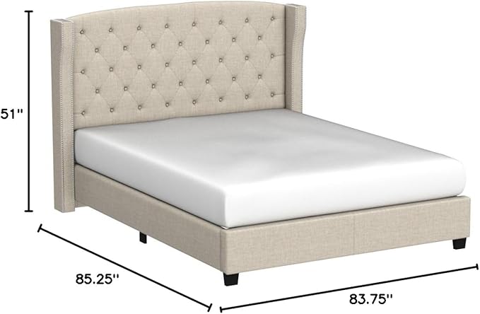 Rosevera Essential Wingback Platform Bed Frame with Tufted Headboard/Fabric Upholstered Bed Frame/Wood Slat Support/Easy Assembly,King,Beige