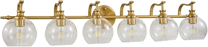 ANDY STAR 6-Light Brass Vanity Light, Large Gold Bathroom Light Fixtures, Modern Vanity Lights with Clear Globe Glass Shades, Anti-Rust Bathroom Lighting with Curved Arm for Mirror