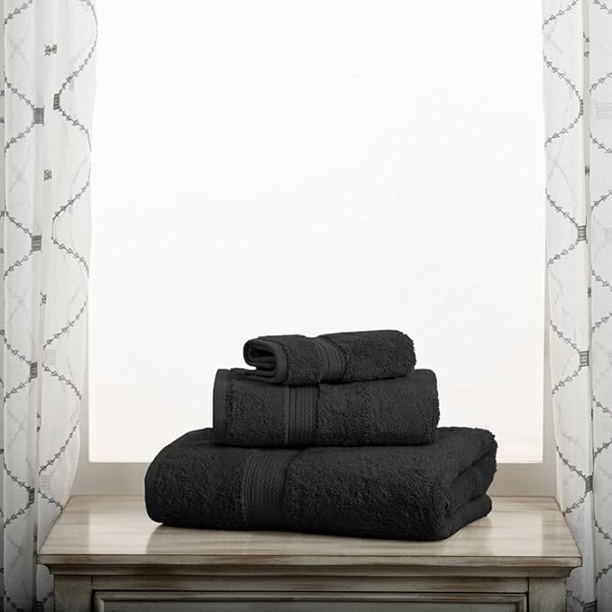 Superior Egyptian Cotton Pile 3 Piece Towel Set, Includes 1 Bath, 1 Hand, 1 Face Towel/Washcloth, Ultra Soft Luxury Towels, Thick Plush Essentials, Guest Bath, Spa, Hotel Bathroom, Black