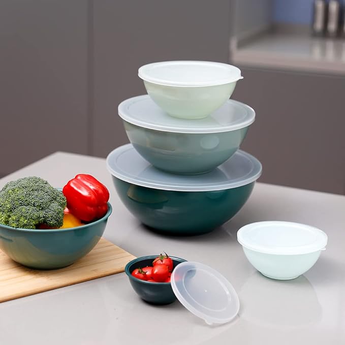 BoxedHome BPA Free Plastic Round Mixing Bowl with Lids, 12 Pack Nesting Bowls with Lids Set, Microwave and Dishwasher Safe Prep & Serving Bowls Great for Mixing, Baking, Serving (Green, 12pcs)