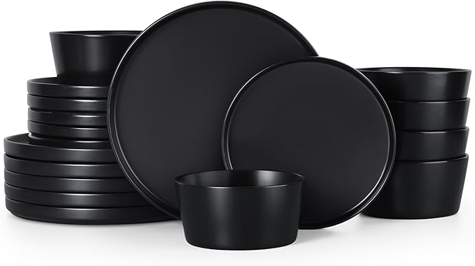 Herogo 18 Pieces Stoneware Dinnerware Sets for 6, Dinner Plates and Bowls Set, Reactive Glaze Dishes for Kitchen, Chip Resistant, Microwave & Dishwasher Safe, Matte Black