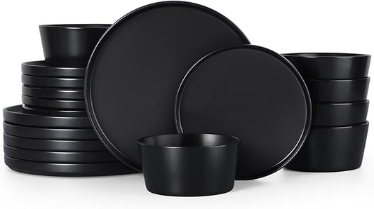 Herogo 18 Pieces Stoneware Dinnerware Sets for 6, Dinner Plates and Bowls Set, Reactive Glaze Dishes for Kitchen, Chip Resistant, Microwave & Dishwasher Safe, Matte Black