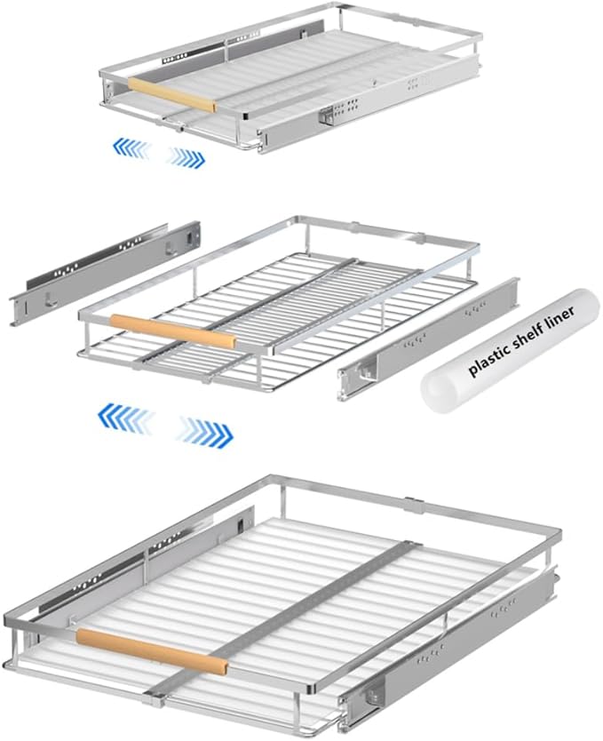 Expandable Pull Out Cabinet Drawer, Slide Out Shelves Heavy Duty Metal, Kitchen Pantry Under Sink Storage Roll Out Drawer for Pots, Pans, 22.4''Deep(3 Pack)