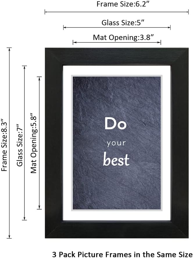 5x7 Black Picture Frame Set of 3 for Pictures 4x6 with Mat or 5x7 Without Mat, Wall or Tabletop Gallery Photo Frames with Real Glass