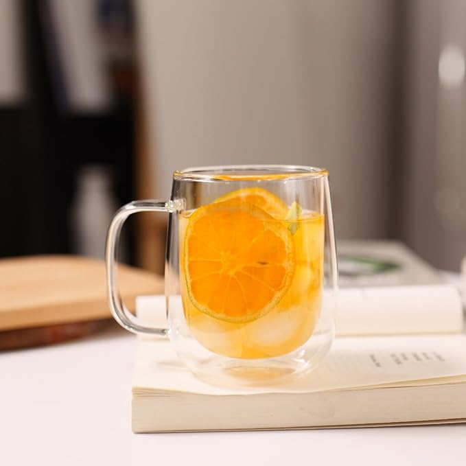 CNGLASS Large Double Wall Glass Coffee Mug 15.2oz,Clear Insulated Glass Espresso Cup with Big Handle,Clear Glass Espresso Mugs for Latte,Cappuccino,Tea Bag,Hot and Cold Beverages,set of 4