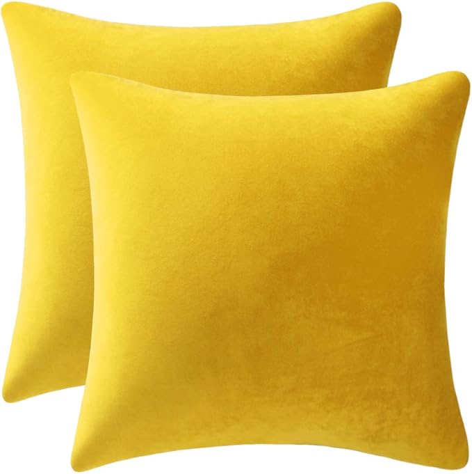DEZENE Couch Pillow Covers 18x18 Yellow: 2 Pack Cozy Soft Velvet Square Throw Pillow Cases for Farmhouse Home Decor