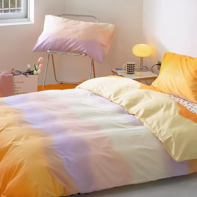 CLOTHKNOW Orange Yellow Queen Comforter Set 3Pcs Purple Beige Bedding Comforter Sets Abstract Queen Comforter with 2 x Pillow Cases