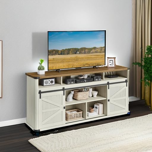 VASAGLE TV Stand for TVs up to 75 Inches, Farmhouse Entertainment Center with Sliding Barn Doors, Console Table for Living Room, Rustic White and Honey Brown ULTV323W02