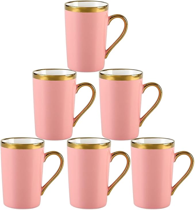Coffee Mugs,12OZ Ceramic Coffee Mugs Set of 6,Cups with Large Handles for Men Women, Porcelain Big Mug for Tea Latte, Housewarming Wedding Gifts(pink and gold)