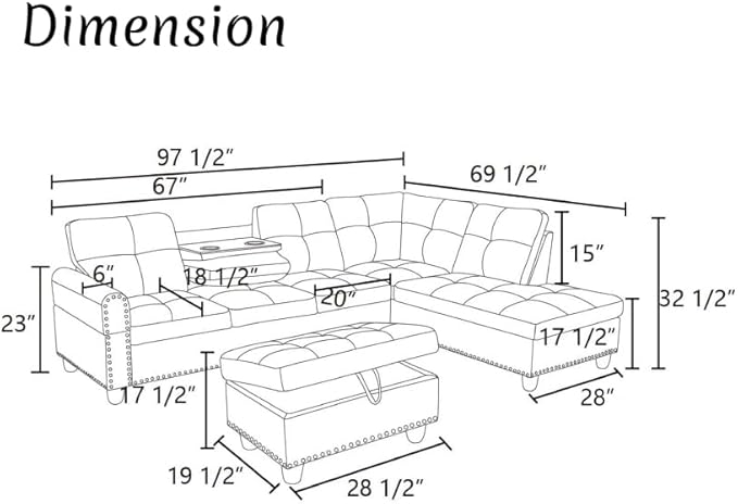 Modern Living Room Furniture Sets with Cup Holder, Modular Sectional Couches with Chaise Lounge, 4-Seaters L Shape Sofa with Storage Ottoman, for Living Room, Apartment, Purple