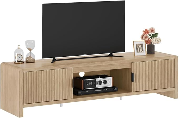 FATORRI TV Stand for TVs up to 75/65/55 Inch, Wood Entertainment Center with Storage, Farmhouse Waveform Fluted-Door Television Media Console for Living Room, Bedroom (63 Inch W, Light Walnut)
