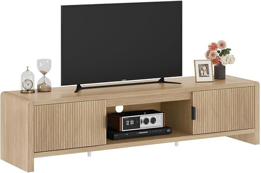 FATORRI TV Stand for TVs up to 75/65/55 Inch, Wood Entertainment Center with Storage, Farmhouse Waveform Fluted-Door Television Media Console for Living Room, Bedroom (63 Inch W, Light Walnut)