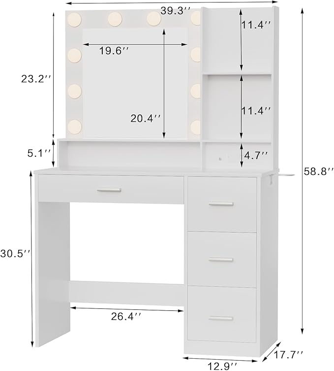 YESHOMY Vanity Desk with Mirror, Power Outlet and 10 Lights, Makeup Table with 4 Drawers, 3 Color Modes Available for Bedroom, White, 39.3x17.7x58.8 inch