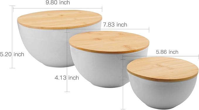 Salad Bowl Set of 3 with Bamboo Wooden Lids, Mixing Bowls Set, Nesting Bowls for Space Saving Storage, Made with Durable Eco-Friendly Bamboo Fiber, Great for Prepping and Serving Food, Grey
