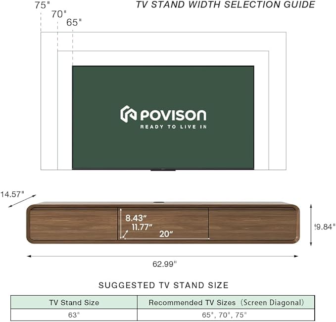 POVISON Fully Assembled Floating TV Stand, 63" Modern TV Stand with Flip-Down Cabinet Doors, Walnut TV Stand, Solid Wood Floating Entertainment Center, Minimalist TV Console