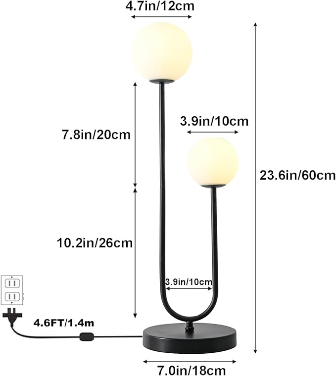 Black U-Shape 2-Light Table Light Mid Century Black Globe Table Lamp with Milk White Glass Shade Metal Base Nightstand Lamp for Bedroom Bedside,G9 Bulb