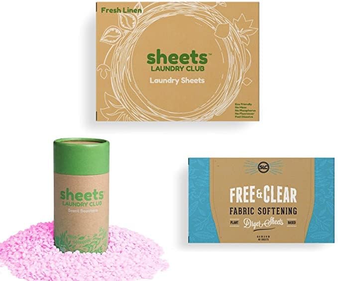 Sheets Laundry Club Bundle - 50 Pack (up to 100 loads) Fresh Linen Detergent Sheets, 40 Pack Free & Clear Dryer Sheets & 8 Oz. Sandbar Scent Booster - New Liquidless Technology