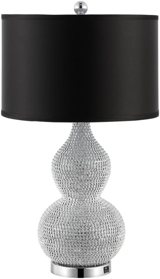 SAFAVIEH Lighting Collection Nicole Modern Silver Bead Base/ Black Shade 25-inch Bedroom Living Room Home Office Desk Nightstand Table Lamp Set of 2 (LED Bulbs Included)