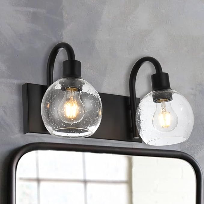 Bathroom Vanity Light with Globe Seeded Glass 2-Lights Industrial Black Wall Sconce Lighting for Foyer Hallway