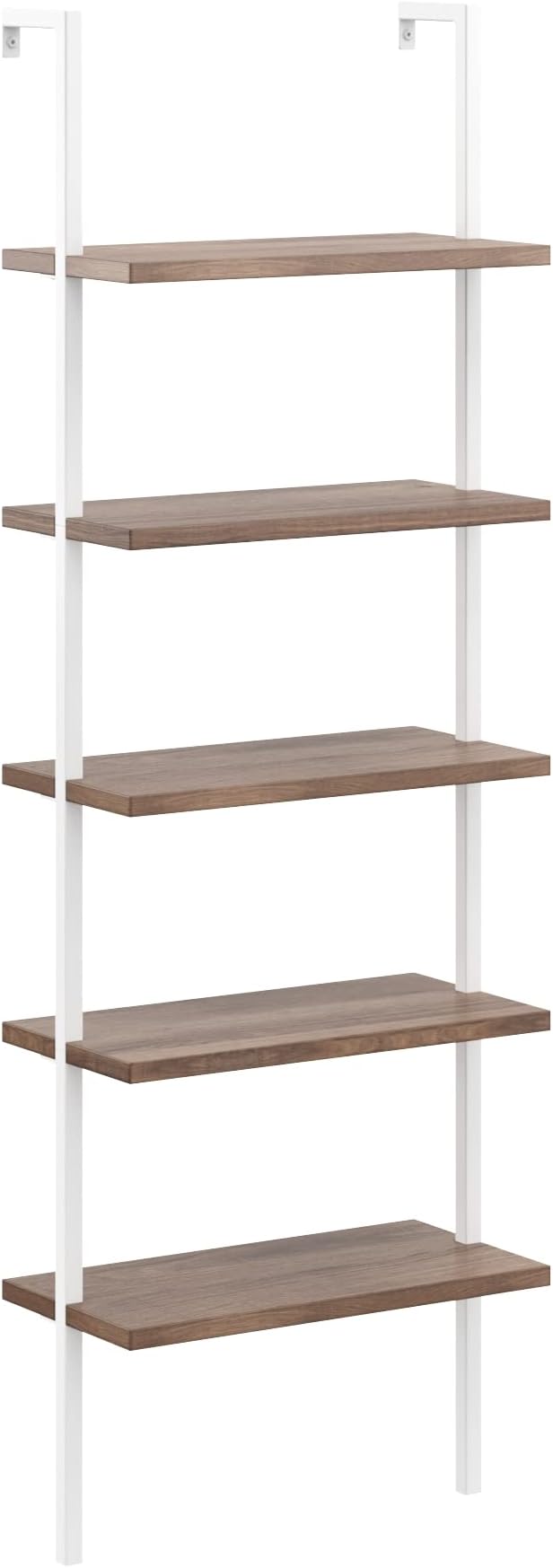 Nathan James Theo 5-Shelf Wood Modern Bookcase, Open Wall Mount Ladder Bookshelf with Industrial Metal Frame, Natural Light Brown/White, Set of 2
