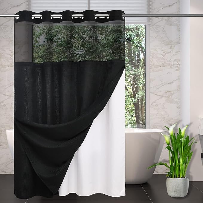 No Hooks Required Long Waffle Weave Shower Curtain with Snap in Liner-Hotel Grade Waterproof & Mesh Top Window Spa Like Bath Curtain Machine Washable Heavy Duty 71''W x 86''H Black