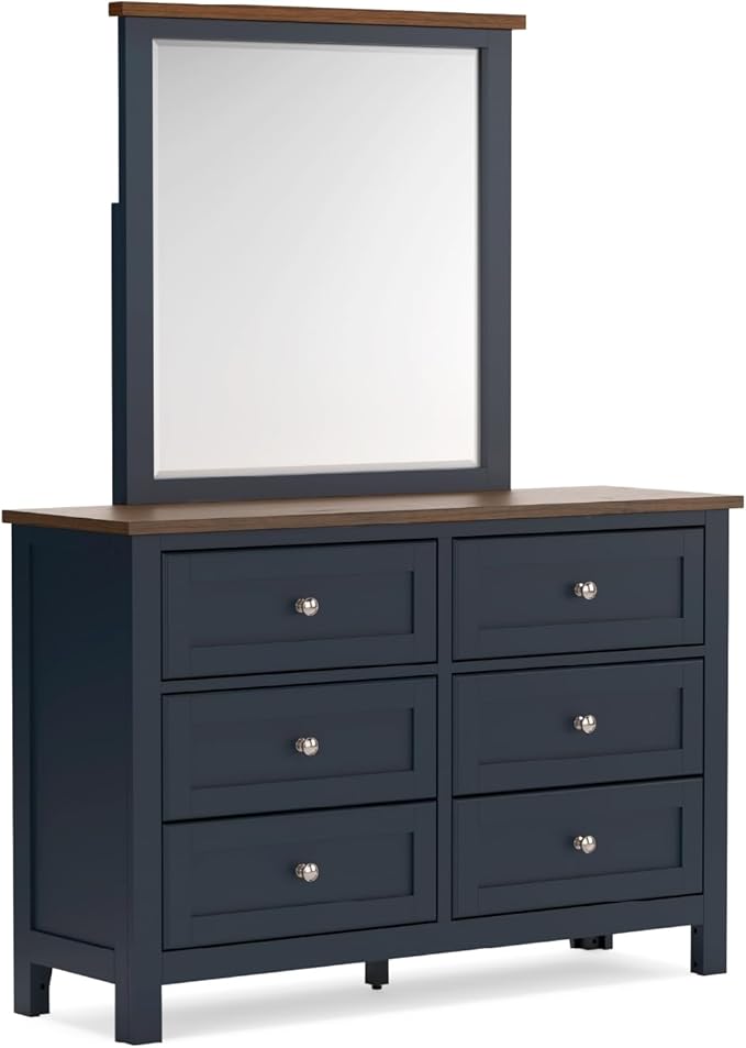 Signature Design by Ashley Landocken Casual 6-Drawer Dresser and Mirror with Safety Stop, Blue & Light Brown