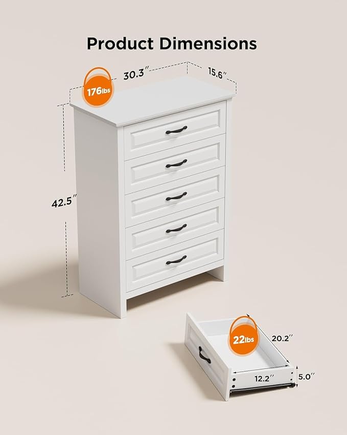 Pipishell White 5 Drawers Dresser Chests for Bedroom, 42.7 Inch Tall Wooden Dresser, Modern Storgae Organizer with Large Drawers & Bar Handles for Bedroom, Entryway, Hallway, White