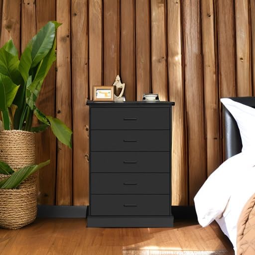 EPHEX Black Tall Dresser with 5 Drawers for Bedroom, Tall Dresser for Closet, Storage Tower Clothes Organizer, Modern Chest of Drawers with Sturdy Pedestal, 27.6'' W x 15.8'' D x 40.2'' H