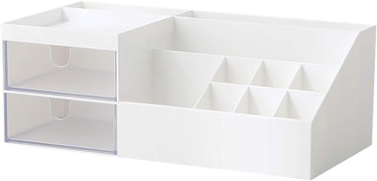 Cosmetic/Makeup Vanity Organizer Box, Mini Desk Storage for Office Supplies, Bathroom Counter or Dresser, White