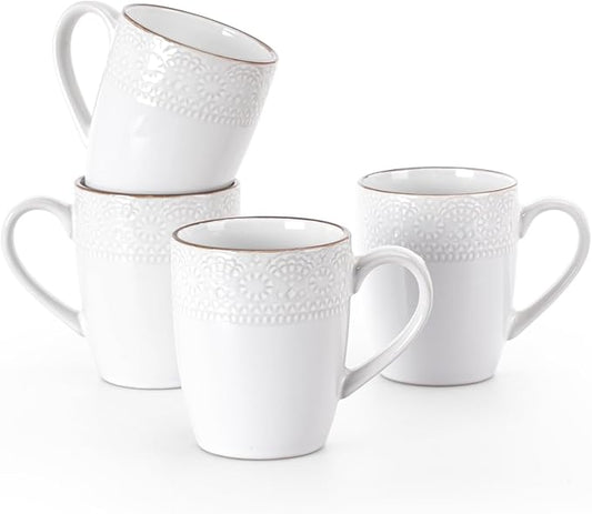 famiware Coffee Mugs Sets for 4, Eden 12 oz Mug Set, Coffee Cups with Handle for Coffee, Tea, Cocoa and Milk, Microwave and Dishwasher Safe, White Floral