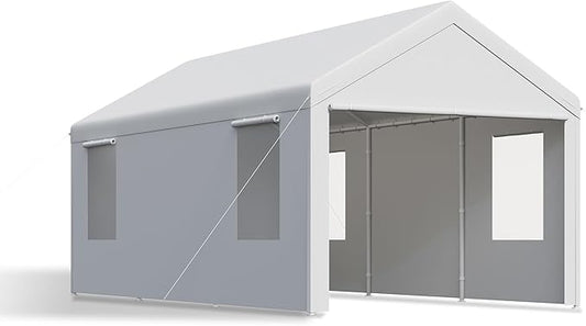 Carport, 12x20 ft White Heavy Duty Carport with Roll-up Windows, Portable Garage with Removable Sidewalls & Doors, Car Canopy and All-Season Tarp for Car Boat Truck Motorcycle