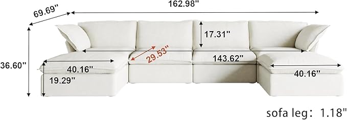 JACH U-Shaped White Cloud Sectional Couches, Deep 6-Seats Convertible Couch, Modular Sofa with Chaise Ottomans, Sofas Furniture for Living Room Bedroom Office Apartment (White)