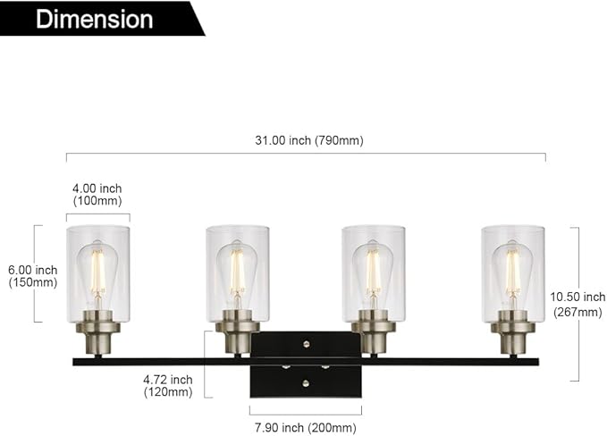 MELUCEE 4-Light Modern Vanity Lights with Clear Glass Shade, Black Bathroom Lighting Fixtures Over Mirror Brushed Nickel Wall Mount Lamp for Vanity Table Mirror Cabinets (Patent No.: US D963914 S)