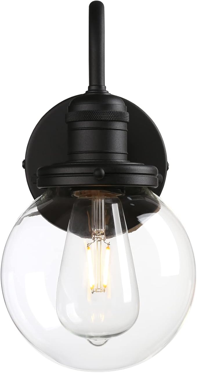 Industrial Vintage Gooseneck Wall Sconce 1-Light with 5.9” Round Clear Glass Globe Shade Indoor Wall Mounted Lamp Fixture