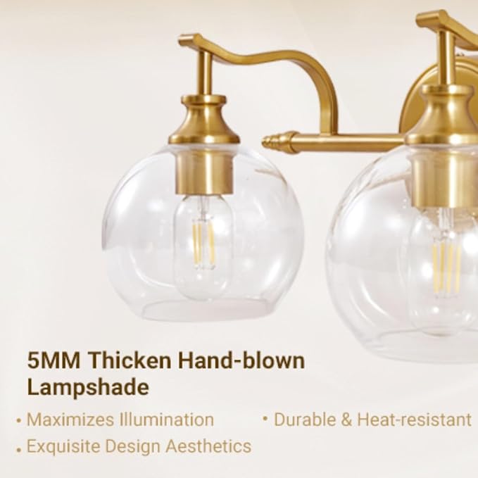 ANDY STAR Gold Bathroom Light Fixtures, Antique Brass Vanity Light, 3 Lights Wall Light with Globe Clear Lampshade, Vintage Wall Sconce with Metal Lamp Body for Bedroom, Living Room, Hallway