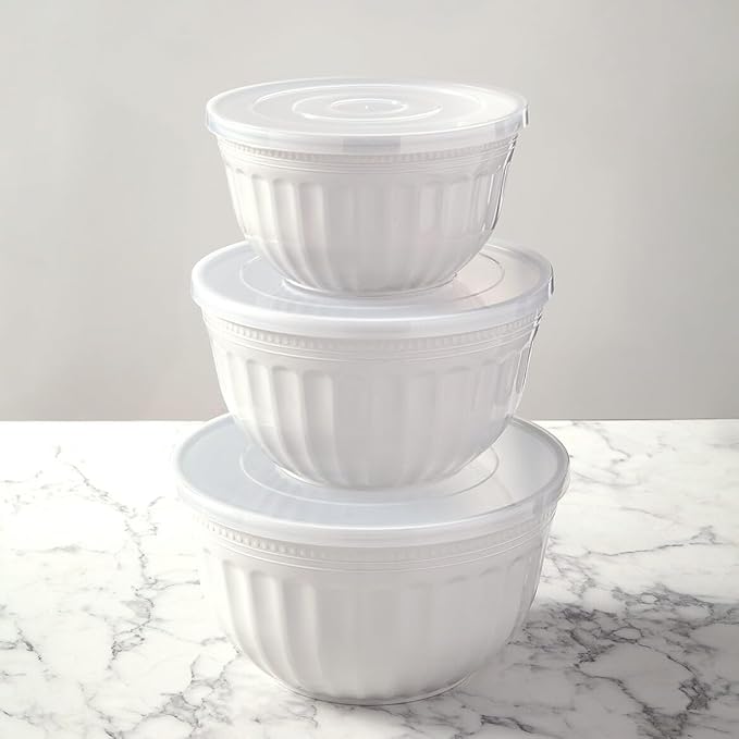 Classic Ceramic-Look Storage Bowls: 6-Pc. Set, Lightweight Plastic with Clear-View Lids. Thick, Sturdy Design. BPA-Free, Dishwasher Safe. Nest for Compact Storage. By Chef's PrideTM