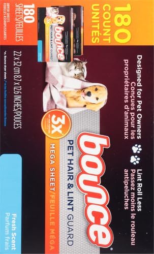 Bounce Pet Hair and Lint Guard Fabric Softener Dryer Sheets | Fresh Scent | 3X Pet Hair Fighters | Mega Sheets | 180 Count, Pack of 3