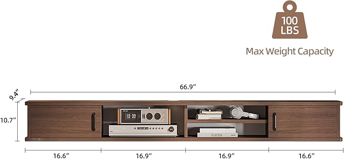 Floating TV Stand,66'' Wall Mounted TV Console,Floating TV Shelf,Wall TV Cabinet,Floating Entertainment Shelf,Walnut