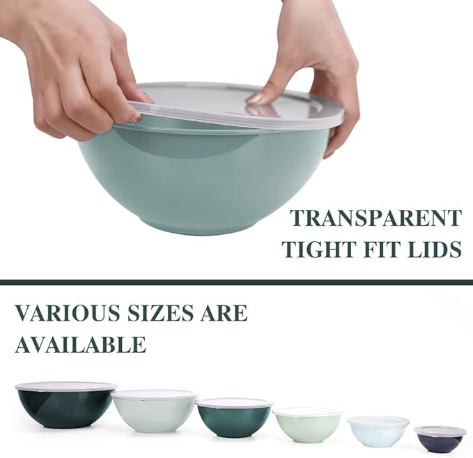 BoxedHome BPA Free Plastic Round Mixing Bowl with Lids, 12 Pack Nesting Bowls with Lids Set, Microwave and Dishwasher Safe Prep & Serving Bowls Great for Mixing, Baking, Serving (Green, 12pcs)