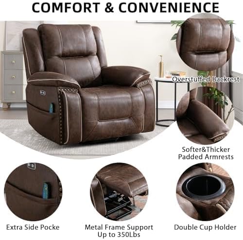 Phoenix Home Dual Motor Power Lift Chair for Elderly, Lift Chairs with Massage and Heat, Leather Electric Chairs for Adults, Recliner Chair with USB, 2 Concealed Cup Holders, Brown